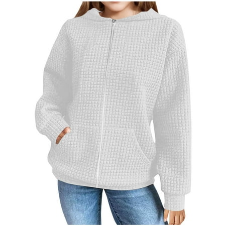 SGFCWSX Girls Hooded Sweatshirts Kids Fleece Hoodie Full Zip Solid Color with Pockets Tops White Size 9 Years