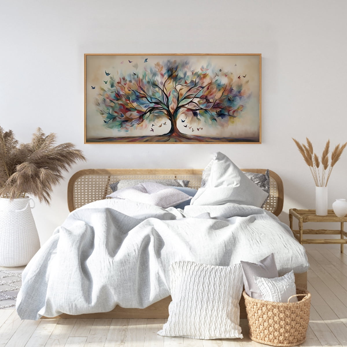 TOARTi Tree of Life Framed Canvas Wall Art Abstract Bird with Colorful Leaves Painting Nature Big Tree Decor for Living Room Bedroom Office 20x40 Inch