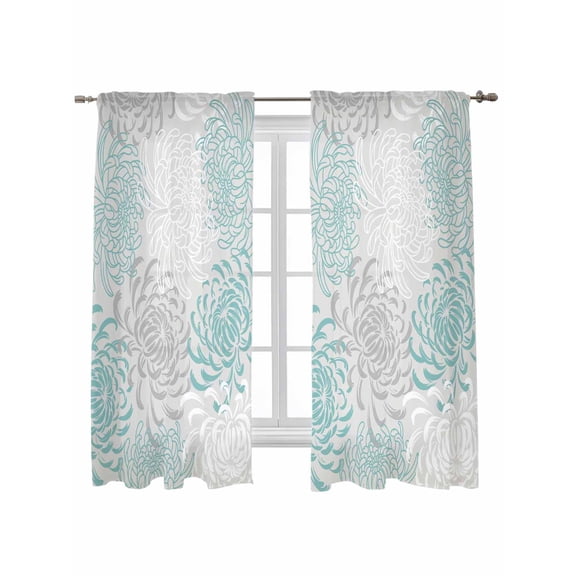 Aqua White Curtains 63 Inch Length,Sheer Curtains for Bedroom Living Room Window Abstract Grey Chrysanthemum Flower Floral Rod Pocket Voile Drapes Kitchen Curtains Small Half Window 42"x63" 2 Panels