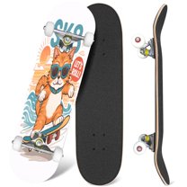 31'' Complete Skateboard 7 Layer Canadian Maple Double Kick Deck Skateboards Cute Cat Play Skateboard Hand Drawn Design Skate Board for Beginner Adult Gifts