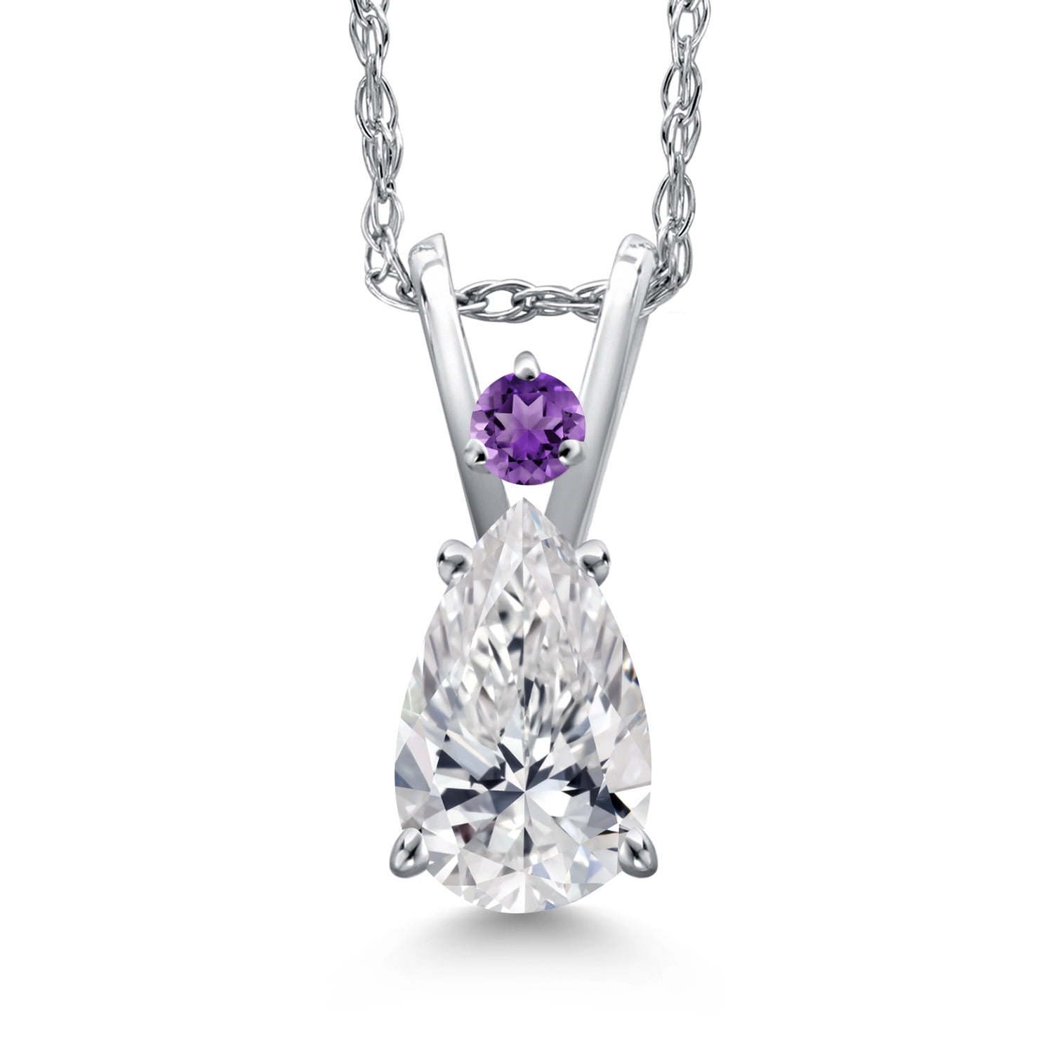 Gem Stone King 14K White Gold DEF Lab Grown Diamond and Purple Amethyst Pendant Necklace for Women | 0.54 Cttw | Gemstone April Birthstone | Pear Shape 7X5MM | With 18 inch Chain