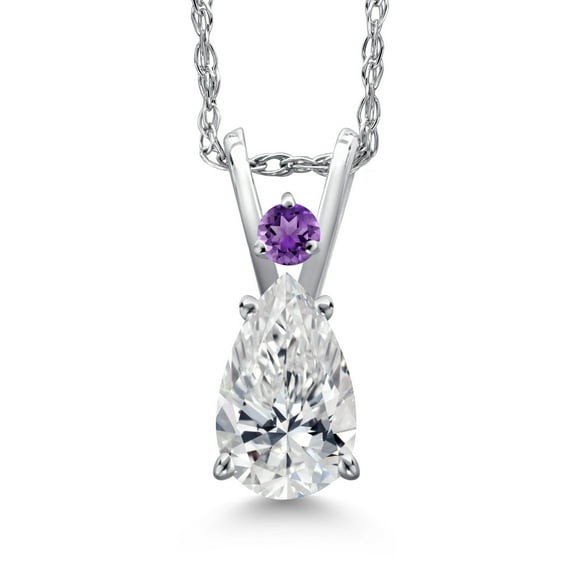 Gem Stone King 14K White Gold DEF Lab Grown Diamond and Purple Amethyst Pendant Necklace for Women | 0.54 Cttw | Gemstone April Birthstone | Pear Shape 7X5MM | With 18 inch Chain