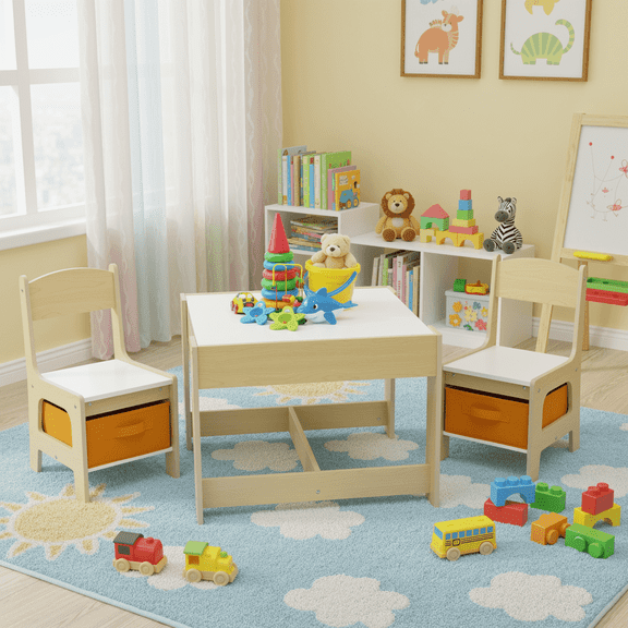 TLSUNNY Kids Table and 2 Chairs, 4-in-1 Toddler Activity Set with Blackboard, Reversible Desk & Storage Organization, for Age 3