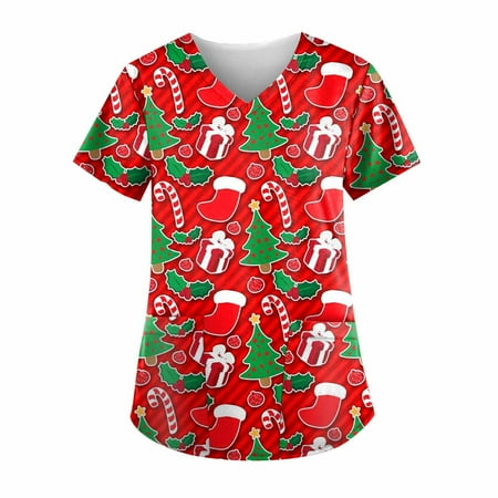 

qucoqpe Women Christmas Printed Nurse Scrubs Tops Short Sleeve V-Neck Nurses Working Uniform Workwear Tunic Clinic Carer Plus Size Protective Clothing on Clearance