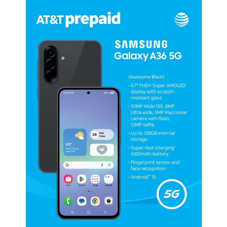 AT&T Samsung Galaxy A36 5G, 128GB, Awesome Black - Prepaid