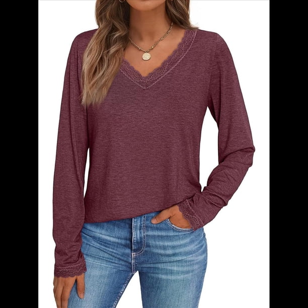 Camisetas con Cuello en V para Mujer, Blusas de Encaje de Larga, Holgadas, Elegantes e Informales, para Otoño e Invierno, A . Vino Tinto S
