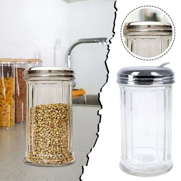 4/2/1PCS Glass Sugar Dispenser Pourer Shaker with Side Flip Stainless Steel Lid Cover, Paneled design Sugar Sugar Pepper Powder Cocoa Shaker for Kitchen and Restaurants