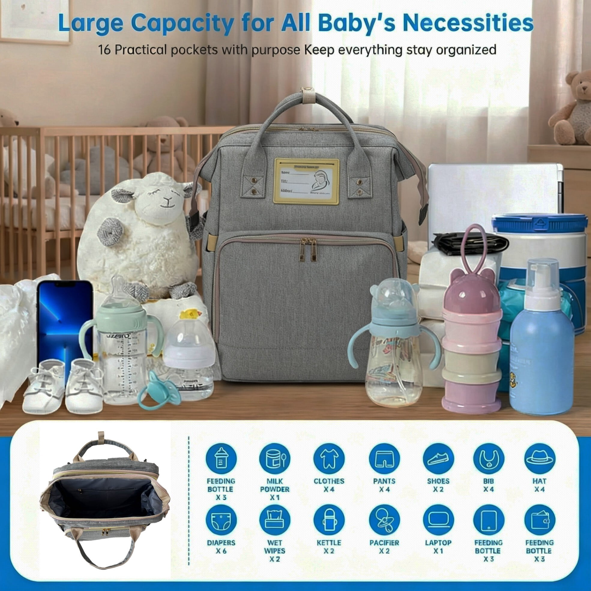Diaper Bag Backpack, Multifunctional Baby Changing Bag with Foldable Crib and Insulated Bottle Pockets, a Must-Have for Baby Travel, with USB Charging Port and Stroller Straps (Gray)