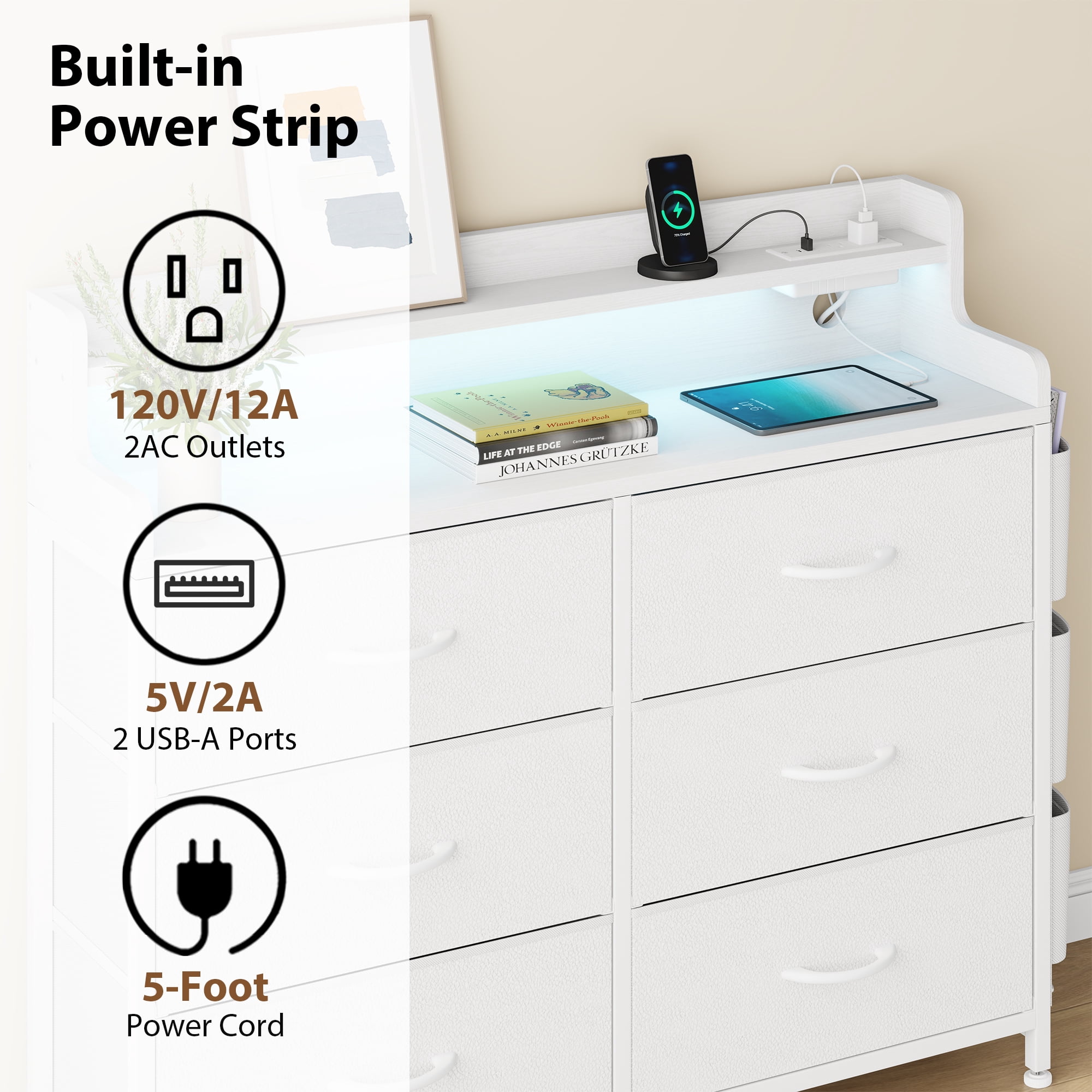 LainTene Dresser for Bedroom, 6 Drawer Dresser with LED Lights and Charging Station, Wide Chest of 6 Drawers with Open Space, Modern Large Capacity Storage Cabinet, Living Room, Hallway