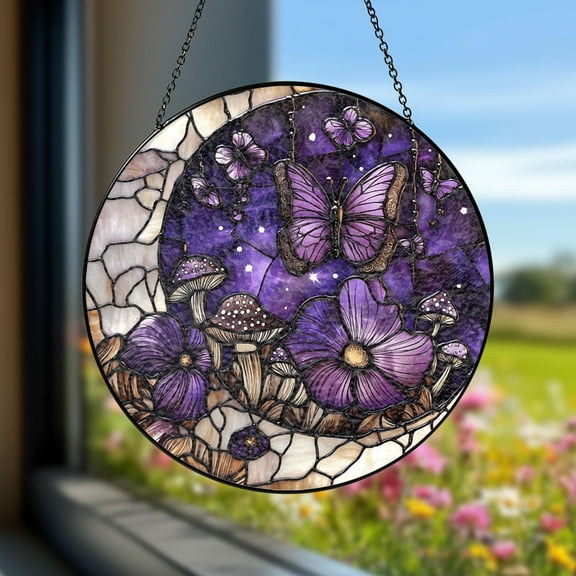 Whimsical Stained Glass Suncatcher with Mushrooms, Flowers, and Purple Butterflies – Nature and Butterfly Lover Window Decor