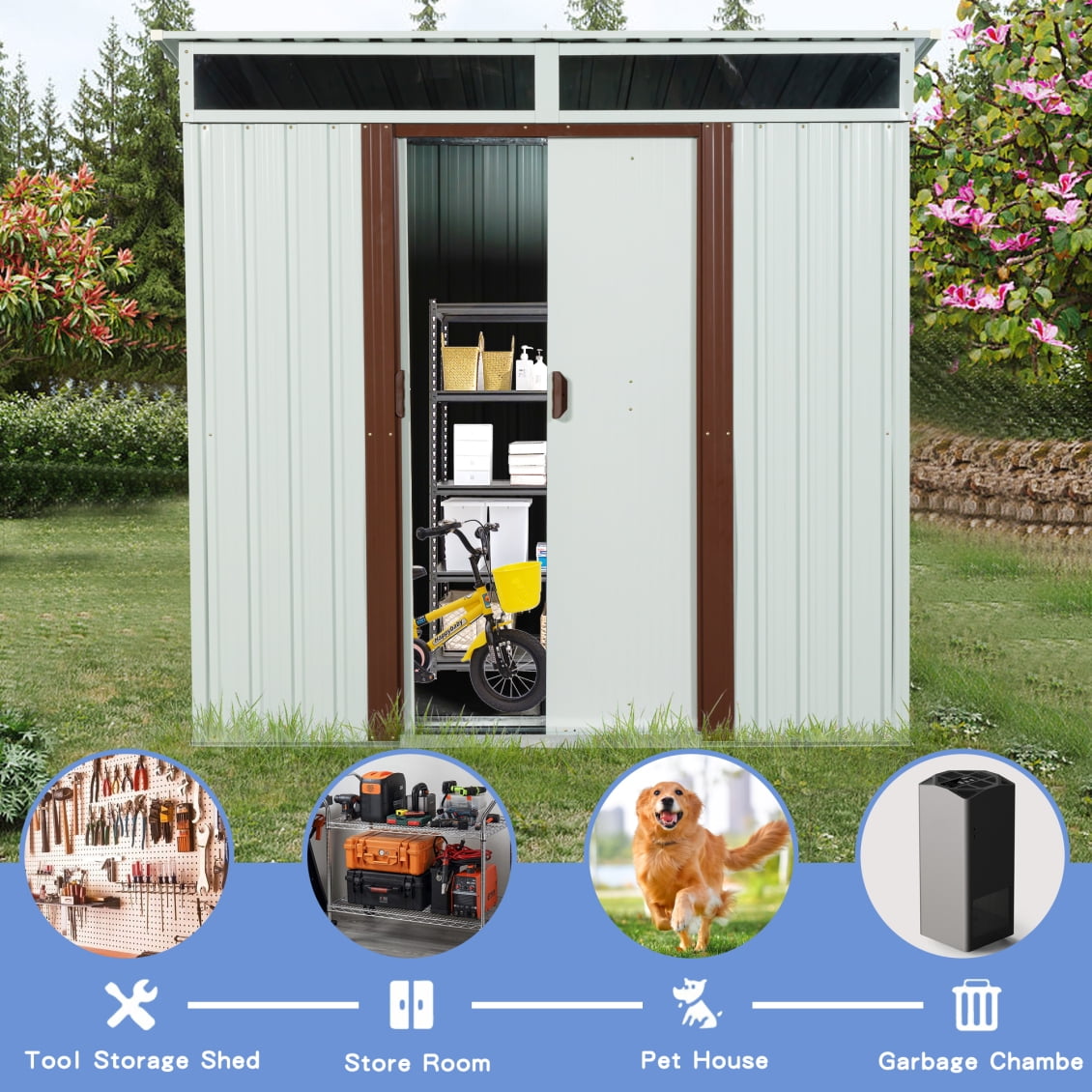 6 x 5 FT Outdoor Storage Shed, Metal Garden Shed with Floor Frame, Tool Shed Outdoor Storage with Lockable Sliding Doors & Window & Air Vents, Storage House Waterproof for Backyard, Lawn