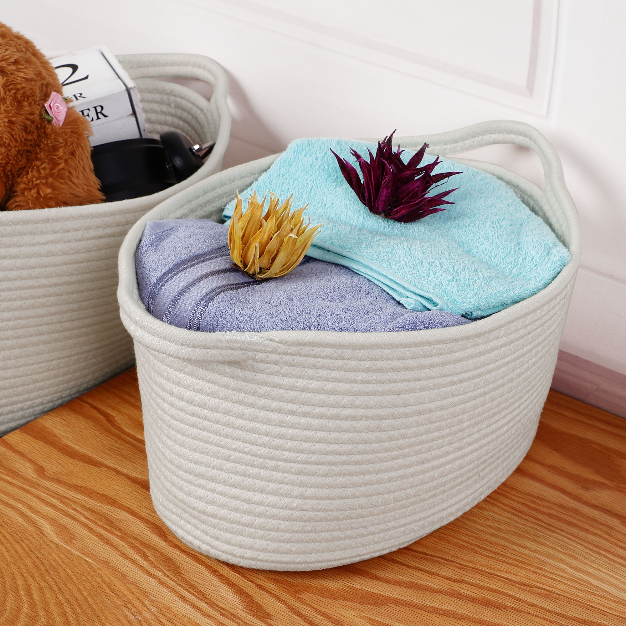 Unique Bargains Storage Basket Cotton Rode Woven Container Handles 2 Pack White