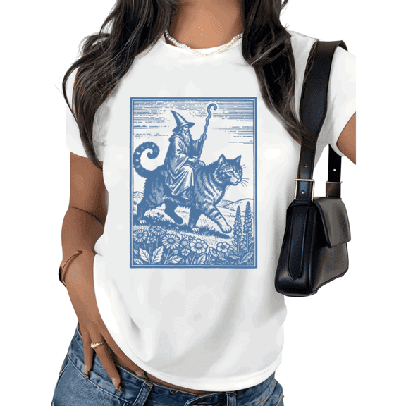 Wizard Cat Shirt Graphic Tees Print Tshirt Shirts White Women Fantasy Cat Magic Style Vintage Art Casual Summer Lightweight Tee Size S-5XL Tops