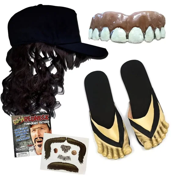 Billy Bob Complete Country Character Costume Kit - Teeth, Mullet, Feet, Mustache