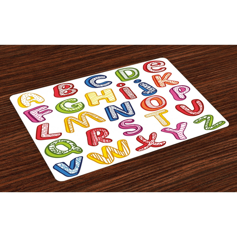 Educational Placemats Set of 4 Hand Drawn Colorful 3D Style ABC Letters