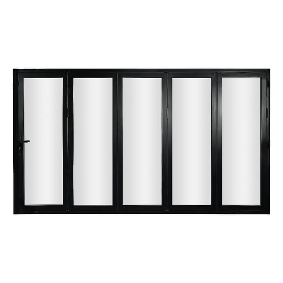 KaMic 144" x 80" 5 Panels Aluminum Folding Door In Black, Folded Out From Left To Right