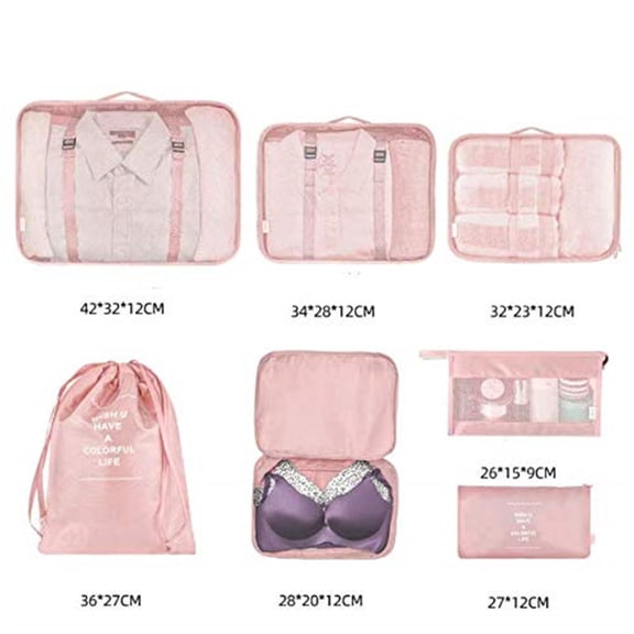 7 Set Travel Packing Cubes Luggage Clothing Organizer Bags, Underwear Toiletry Storage Bags, Shoe Drawstring Sack, Suitcase Compartment Organizers, Multi-Size Luggage Packing System