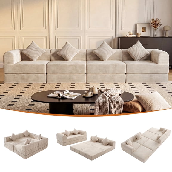 ELEKA 149.6" Modular Sectional Sofa Bed, Convertible Sleeper Sofa with Deep Seat,Corduroy Boneless Couch,Upholstered Foldable Couches for Living Room,No Assembly Required,Beige