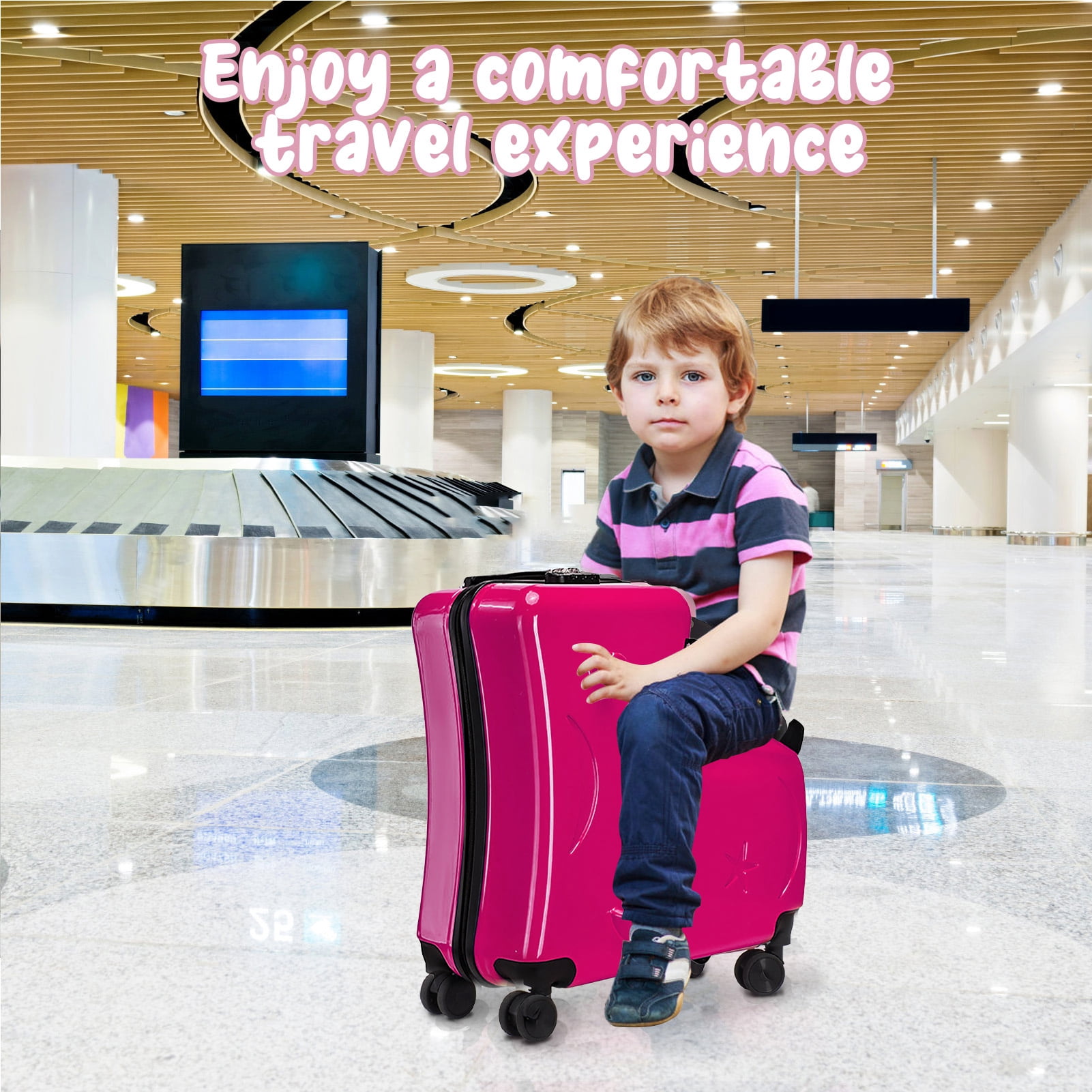 Suhire Kids Carry-On Luggage with Seat, 20 Inch Children Travel Suitcase with Wheels and Safety Belt, Impact Resistant Rolling Suitcase