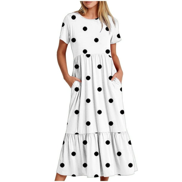 Puntoco Vestido De Mujer Con Cuello Redondo, Manga Corta, Bolsillos Dobles A Media Pantorrilla, Estampado De Lunares, Vestido De Manga Corta Con Cuello Redondo, Blanco Xxl