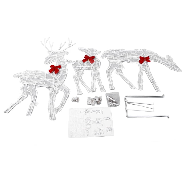 Lot de 3 Décorations de Noël Lumineuses en Forme de Cerf, Ensemble Familial, Décoration de Cour Extérieure avec Lumières LED, Nœuds Rouges, Décoration de Jardin Mère-enfant, Renne pour Décoration de J