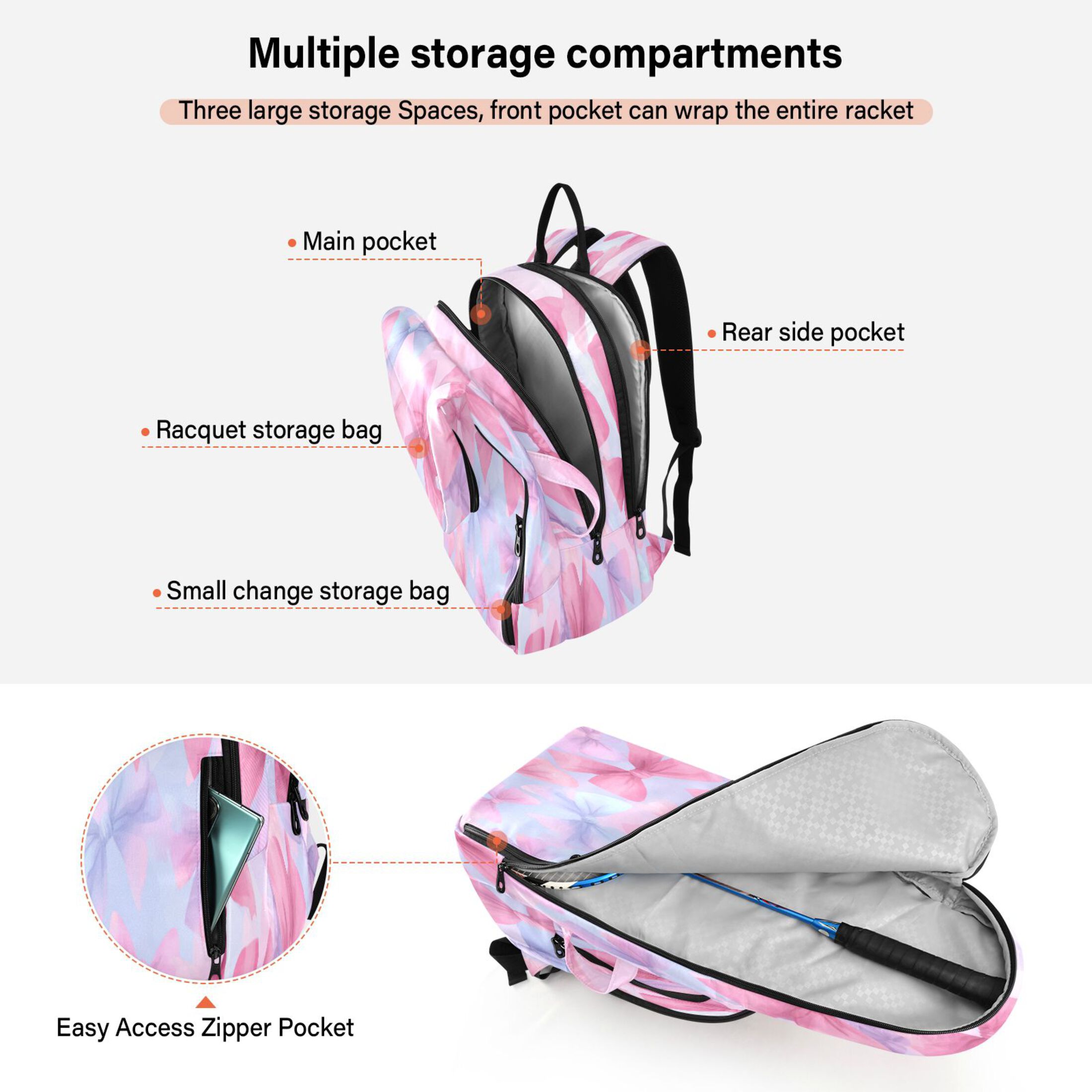 2 Racquet Holder Tennis Backpack Tennis Racket Covers Gym Bags Colorful Bows