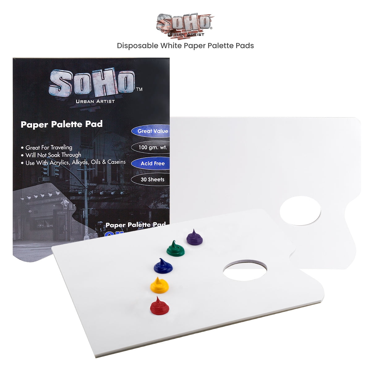SoHo Urban Artist Disposable White Paper Palette Pads - Thick Paper Palettes for Acrylics, Oils, Watercolors, & More! - With Tumb Hole - 12 x 16