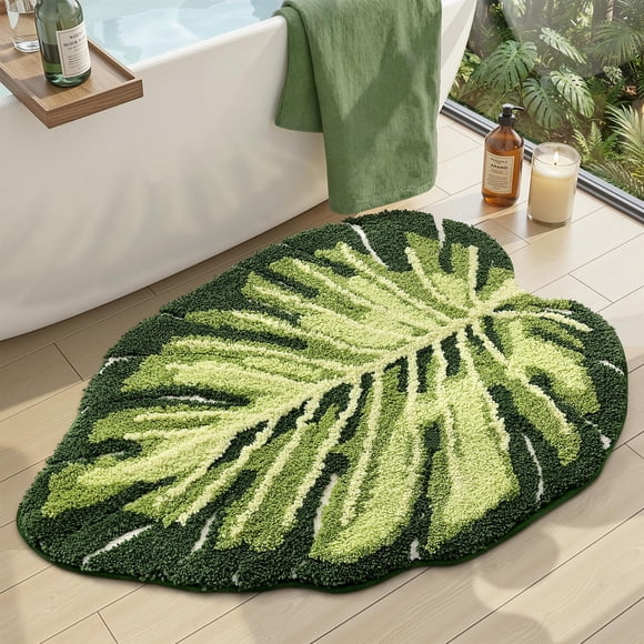 DEXI Tapis de Salle de Bain Feuille Monstera, 31.5x47 Doux Moelleux Mignon Tapis de Bain avec Support Antidérapant, Tapis de Bain Absorbant Lavable Séchage Rapide