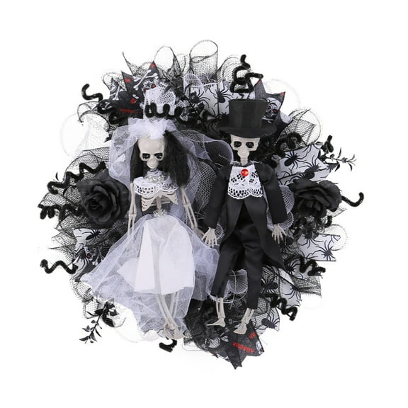 SWSUSN Halloween Creepy Wreath For Front Door 16 Inch Artificial Plastic Skeleton Bride And Groom Wreath Halloween Gothic Wreath Hanging Decoration For Home Party Halloween Front Porch Wreath