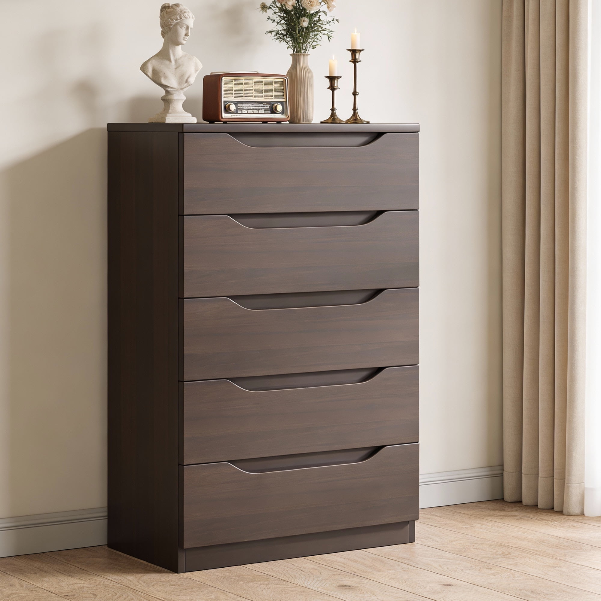 Vipuse Brown Tall 5 Drawer Dresser for Bedroom with Hidden Storage Design, Large Modern Closet Dressers & Chests of Drawers with Cut-Out Handles, 27.6" L*15.8" W*45.3" H for Bedroom,,Brown