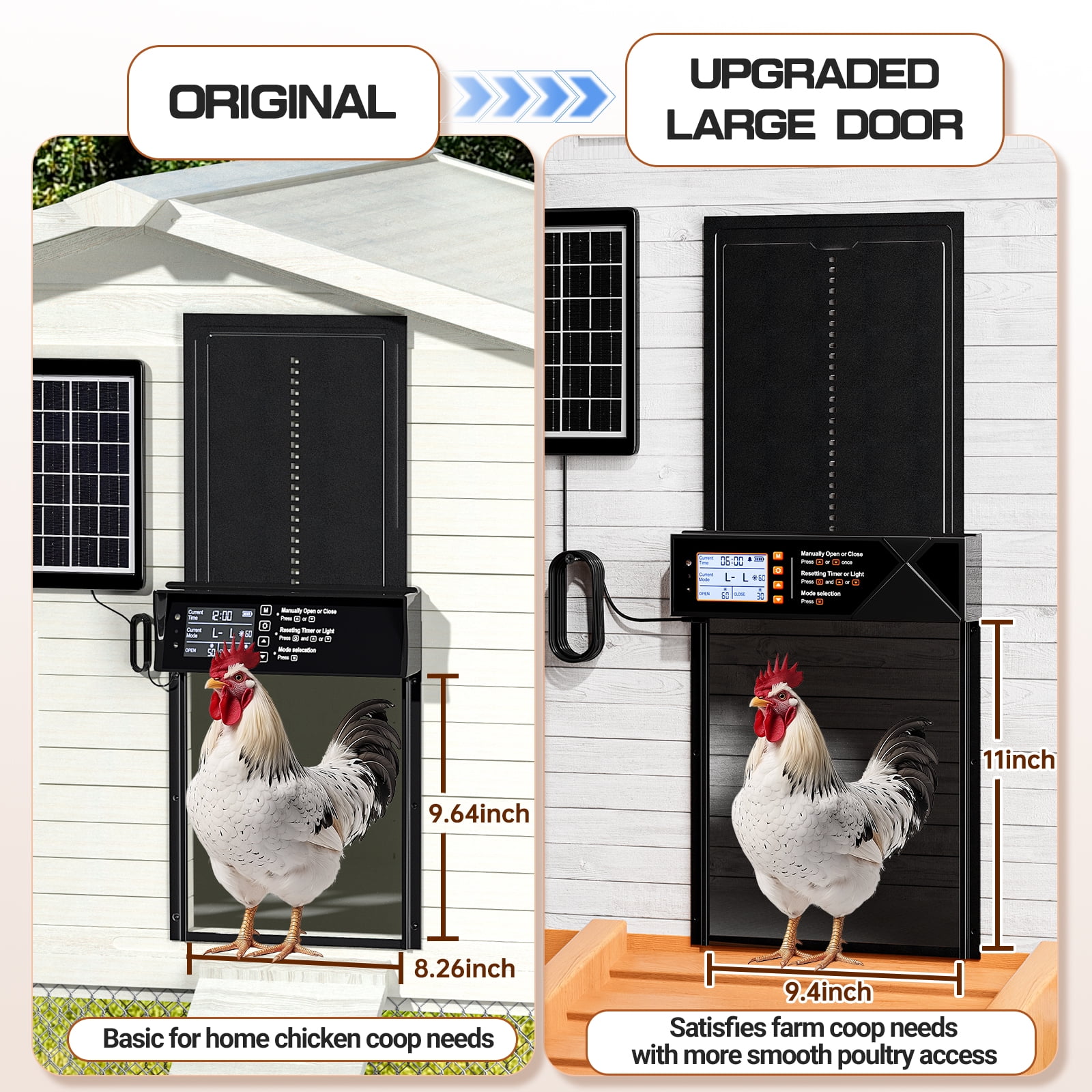 Automatic Chicken Coop Door Solar Powered with Timer & Light Sensor, Remote Control, LCD Display, Anti-Pinch & Alert, 4 Modes Aluminum Alloy Auto Chicken Coop Door Solar, Upgrad Large Door