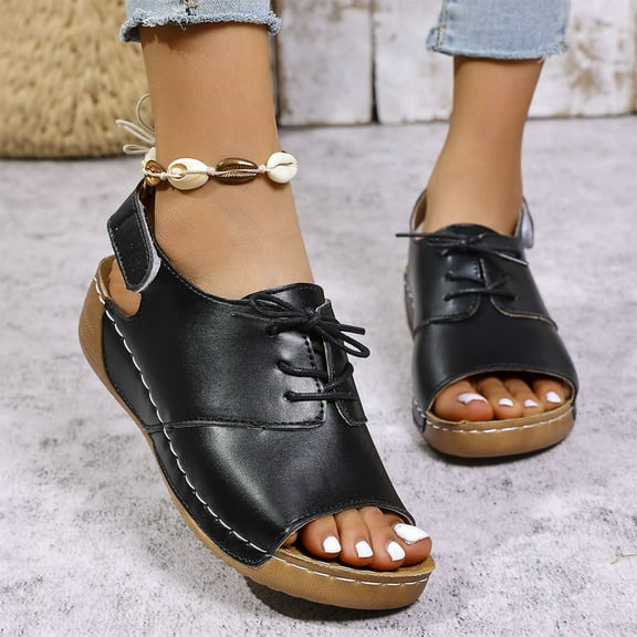 Women's Fashion Casual Summer Style Roman Lace-Up Fish Mouth Thick Bottom One-Foot Slip-On Round Head Open Toe Beach Sandals