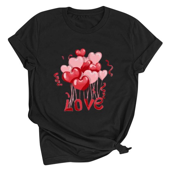 Riecok Womens Summer Tops valentines day shirts Crew Neck Heart T Shirt for Women Short Sleeve Fashion Casual Comfy Novelty Graphic Tops Black S