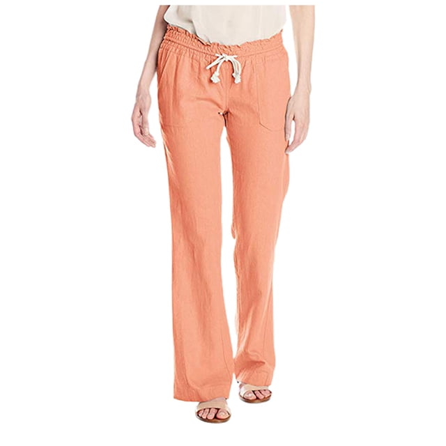 Pantalones palazzo anchos con cordón de lino suave para mujer: color liso, cintura ajustable, corte fluido para uso informal/viajes, mezcla de lino transpirable