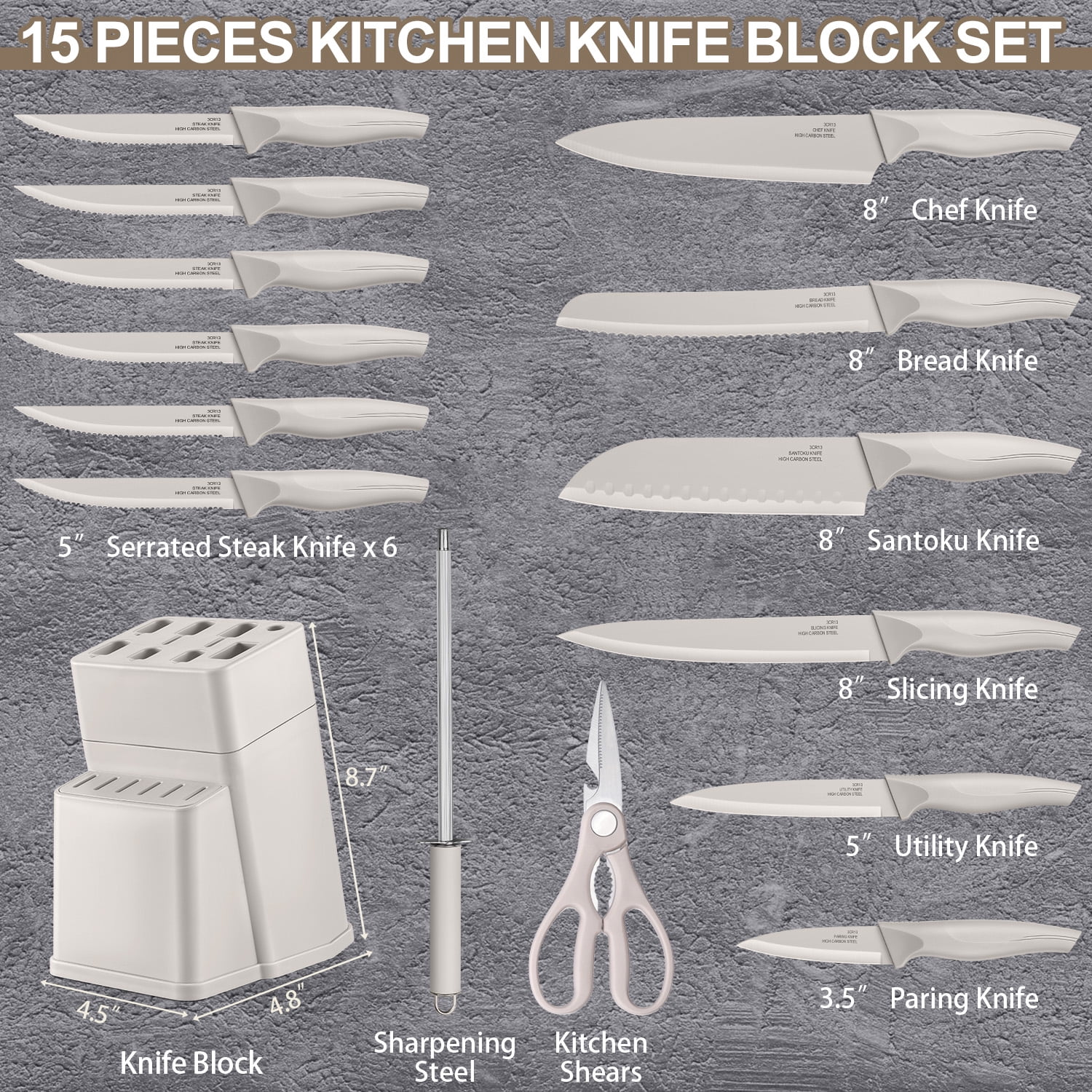 Walchoice 15 Pieces Knife Set with Block, High Carbon Stainless Steel Kitchen Knife Set with Sharpener, Rust Resistant & Dishwasher Safe - Khaki