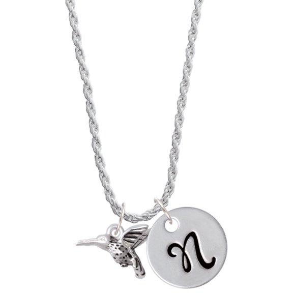 Delight Jewelry Silvertone Small 3-D Hummingbird Silvertone Script Initial Disc - N - Charm Necklace, 20"+3"