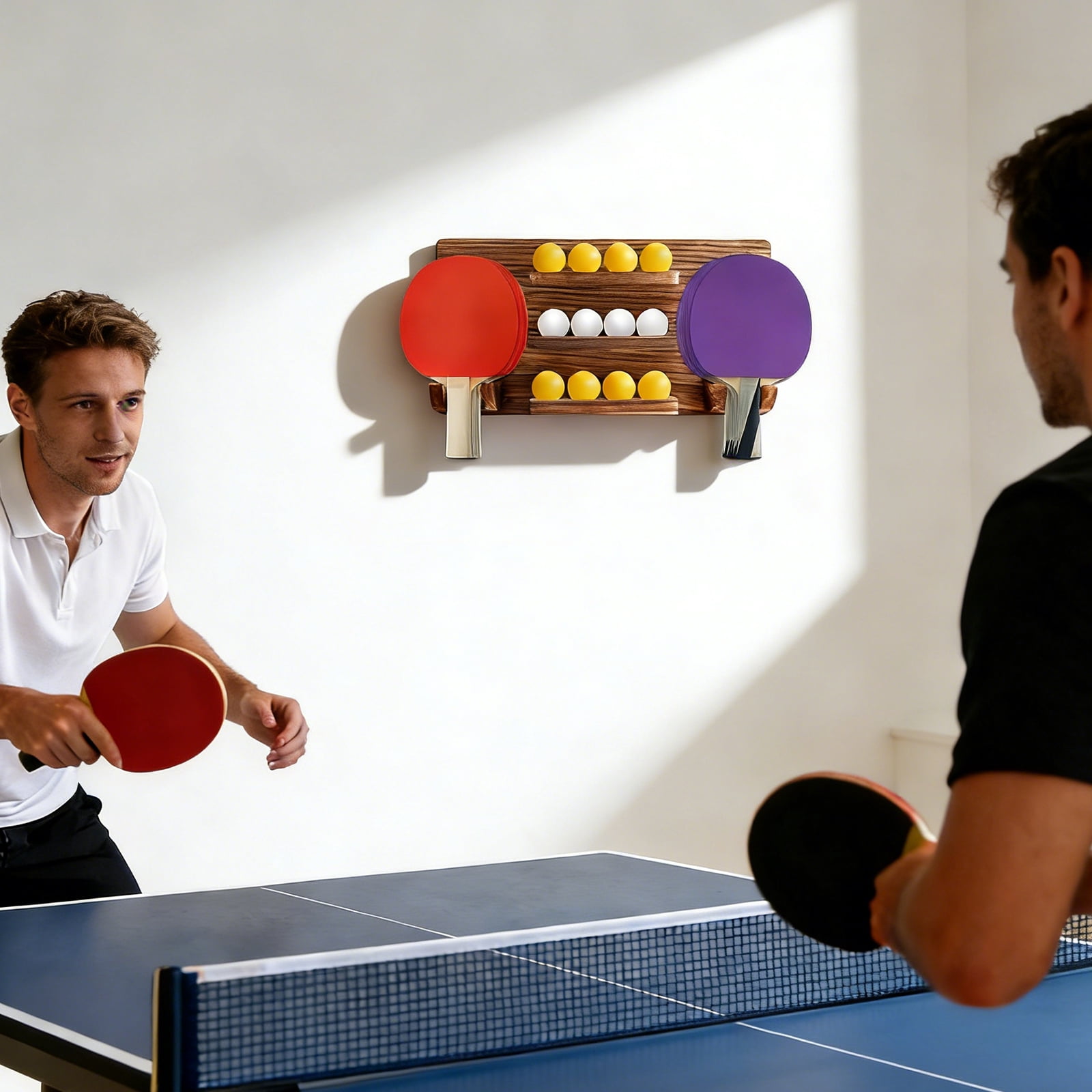 FKSZLL Ping Pong Paddle Holder, Wall-Mount Table Tennis Paddle Display Holder Holds 8 Paddles and 12 Balls Table Tennis Racket Organizer for Game Room Bar Garage Home