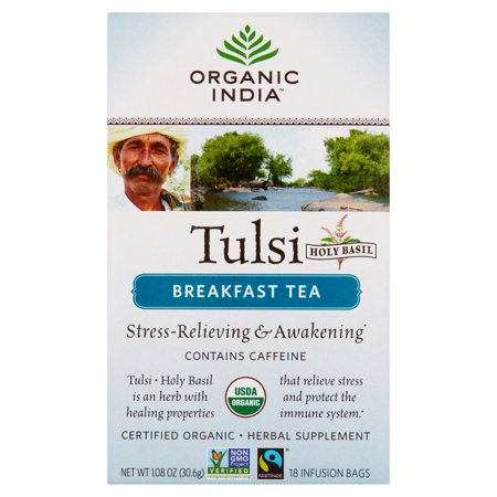 - Organic India Tulsi Holy Basil Breakfast Tea Infusion Bags, 18 count, 1.08 oz