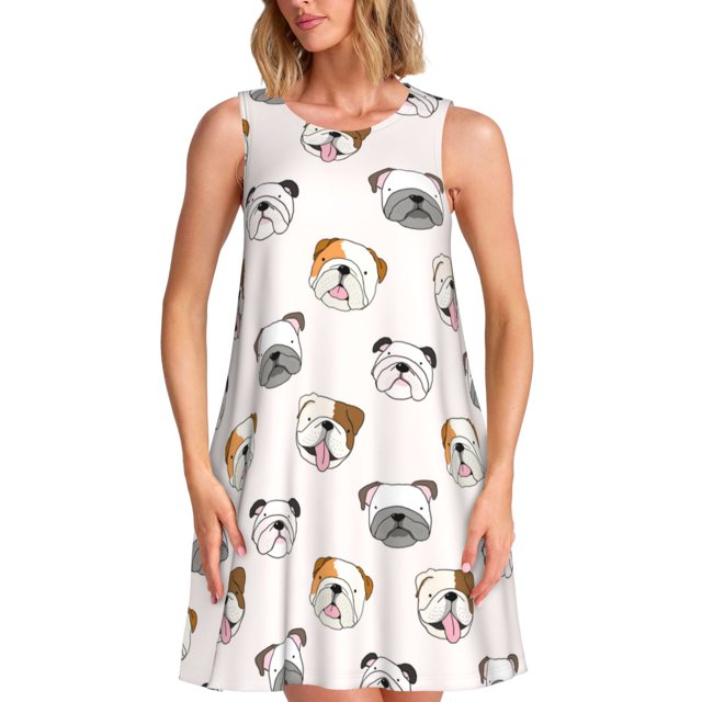 KLL Motif Visage de Bouledogue Robes d'Été pour Femmes 2025, Robes Décontractées Sans Manches à Col Rond avec Poches