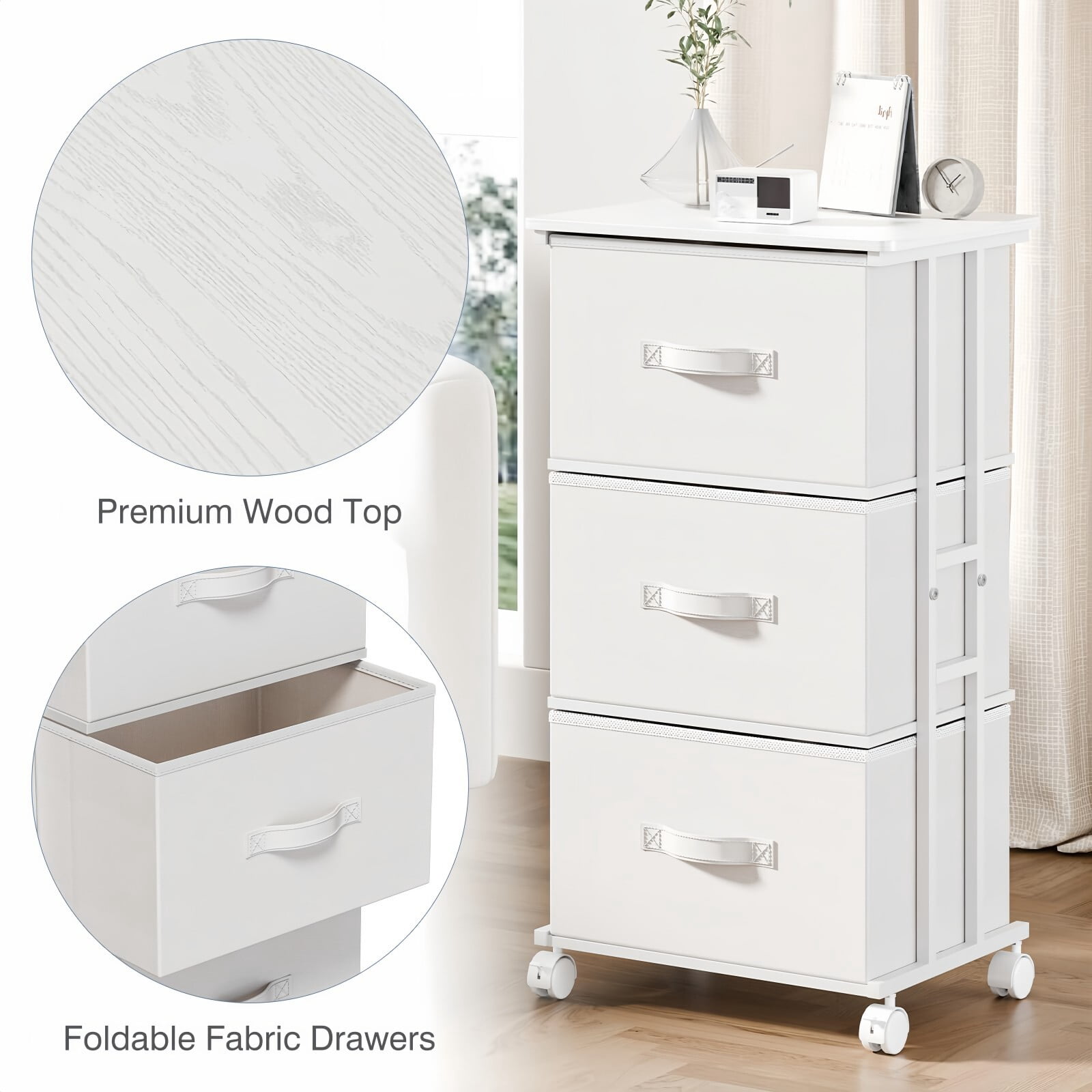 BEAUTYPEAK 3 Drawer Rolling Fabric Dresser Mobile Nightstand Storage Cabinet with Lockable Casters for Bedroom Closet Office, White