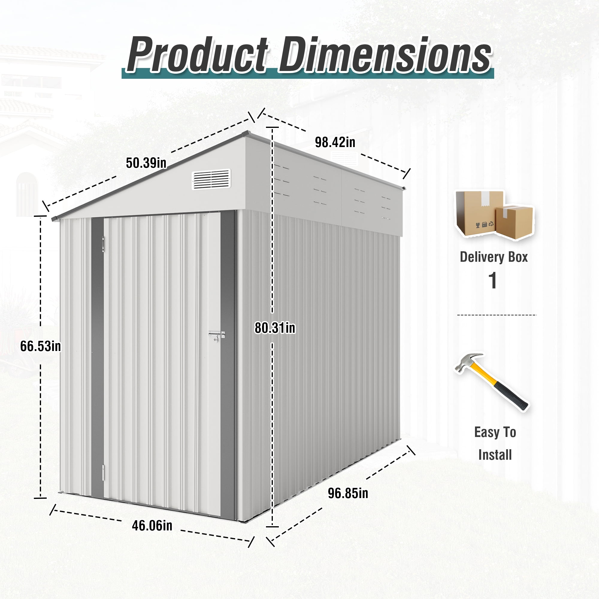 4x8 FT Outdoor Storage Shed Side, Metal Garden Shed with Lockable Hinged Door, Lean to Shed with 6 Air Vents, Outside Tool Shed with Sloped Roof, Waterproof Storage Building for Backyard, Patio
