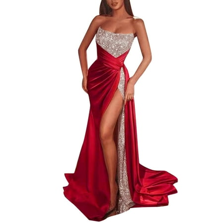 

Huaai Floral Dress Women S Sequin Split Plus Long Dress Strapless Bustier Big Swing Dress Evening Dress Vintage Dress For Women Red S