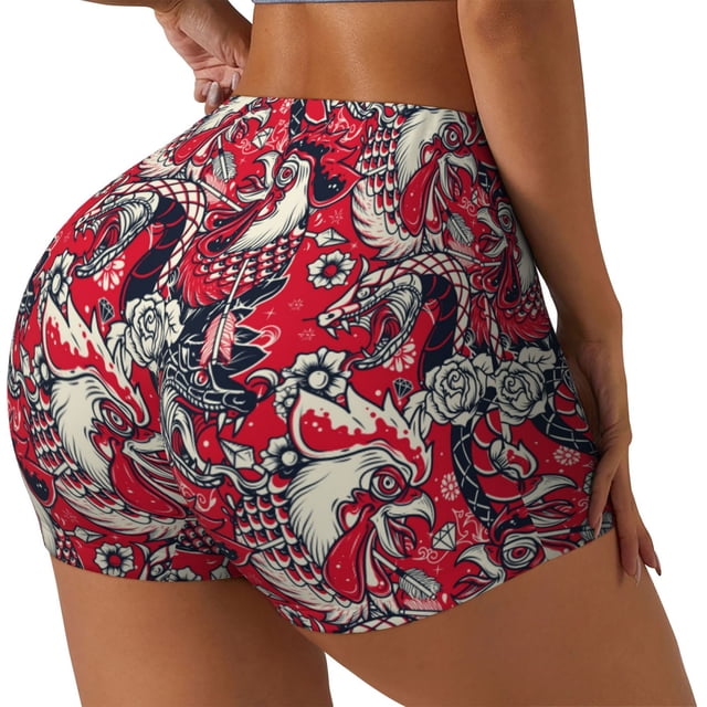 Balery Rooster Head Pantalones cortos de entrenamiento estampados para mujer, sin costuras, ajustados, para gimnasio, yoga, correr, deportes, ejercicio activo, fitness.-Medium