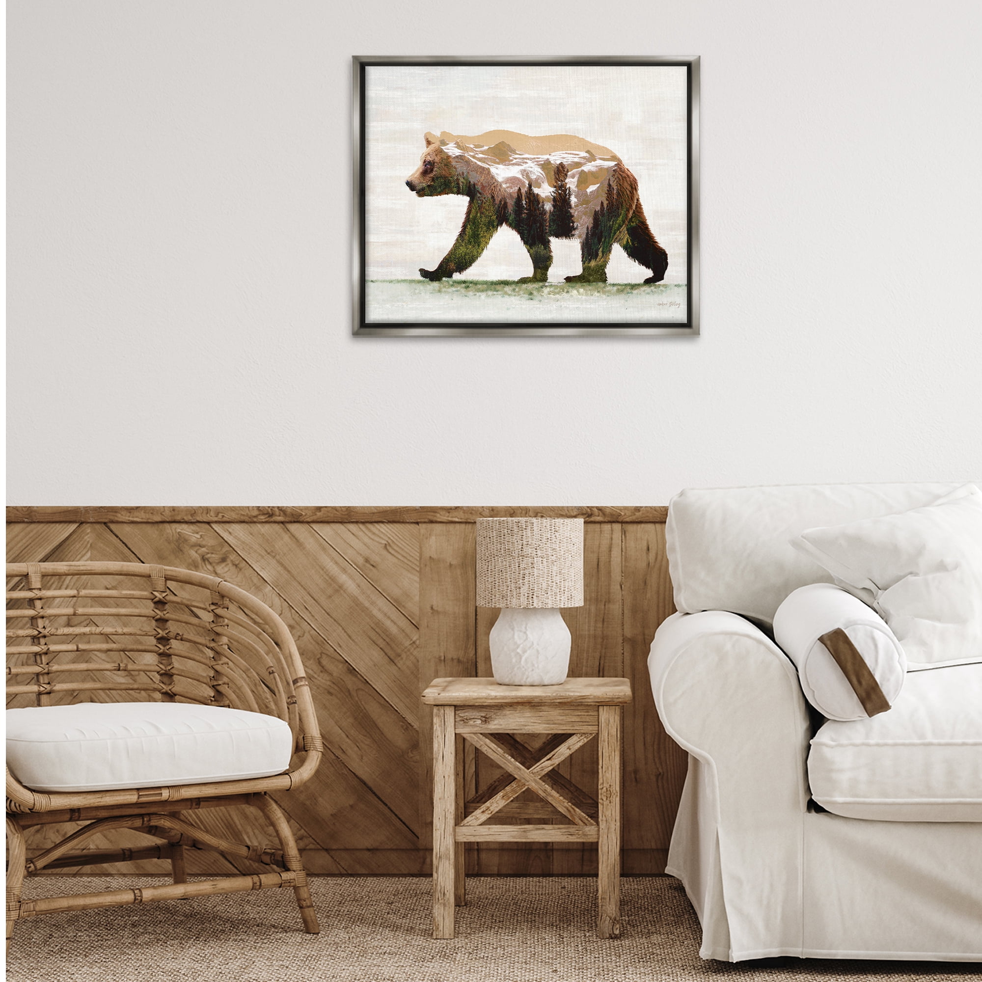 Stupell Industries Woodland Pattern Bear Animals & Insects Painting Gray Floater Framed Art Print Wall Art, 31 x 25
