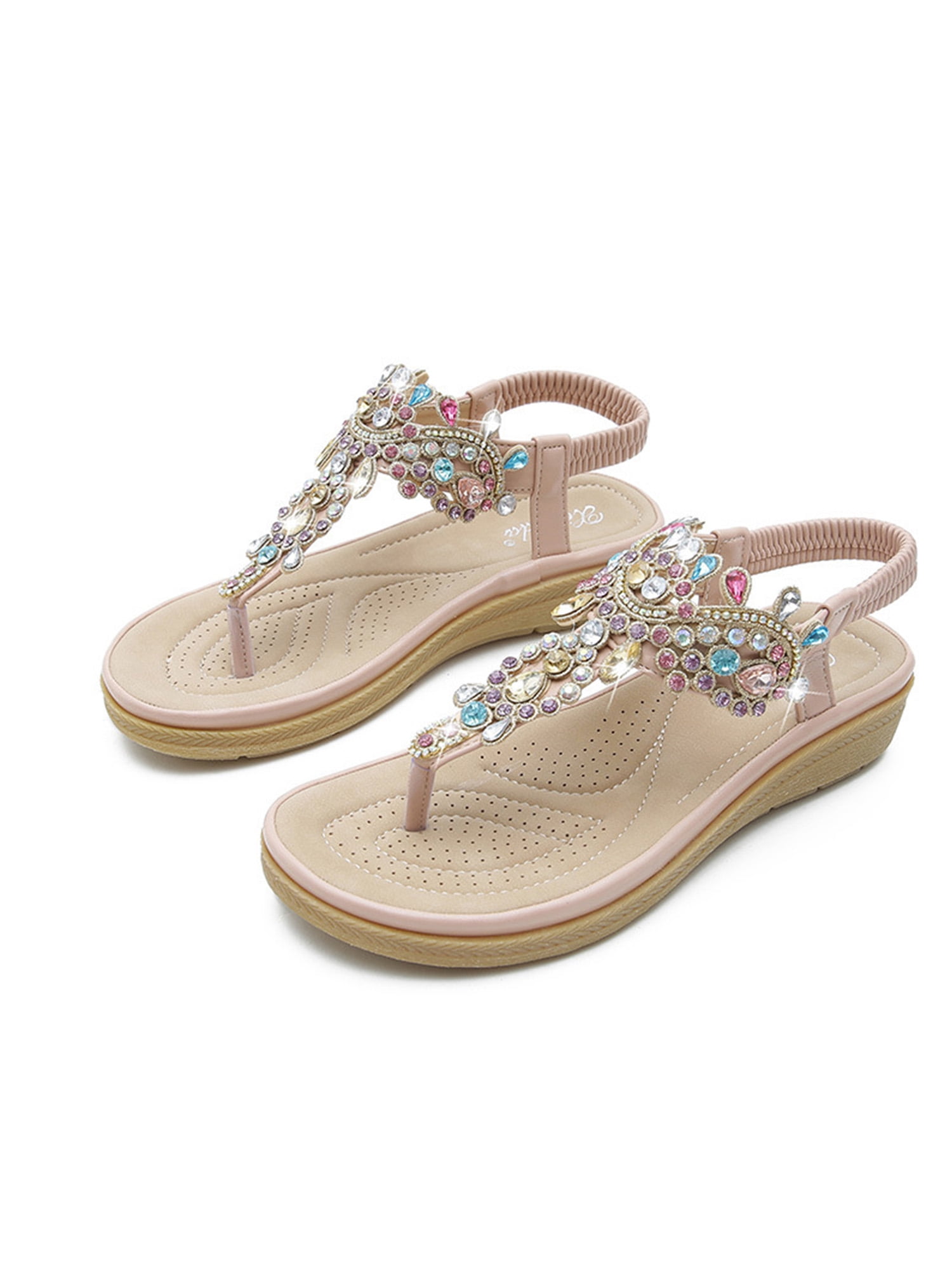 Womens Sandals Rhinestone Flowers Flip Flop Flat Slippers Casual Summer Beach Sandals Comfortable Ladies Shoes Dressy 