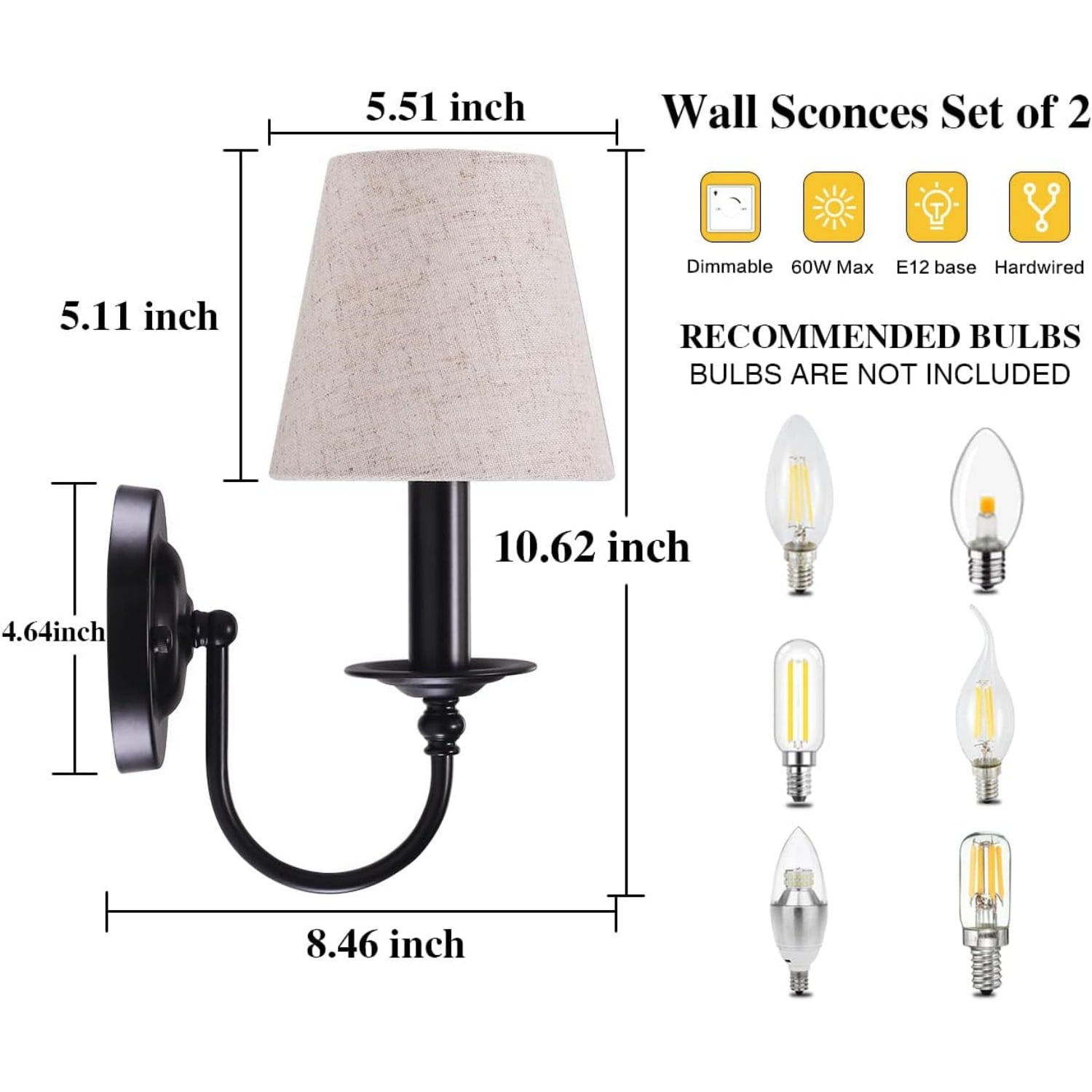 Black Wall Sconces Set of Two, Modern Candle Sconces Wall Lighting Industrial Wall Light Fixtures with Fabric Lampshade, Bedside Wall Lamps for Bedroom Living Room Hallway Entryway Porch