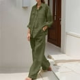 thumbnail image 2 of Oversized Two Piece Travel Sets for Women Plus Size Linen Wide Leg Pants Long Sleeve Button Shirt Lounge Streetwear Sets Vacation Going Out Outfits (Green,3X-Large), 2 of 5