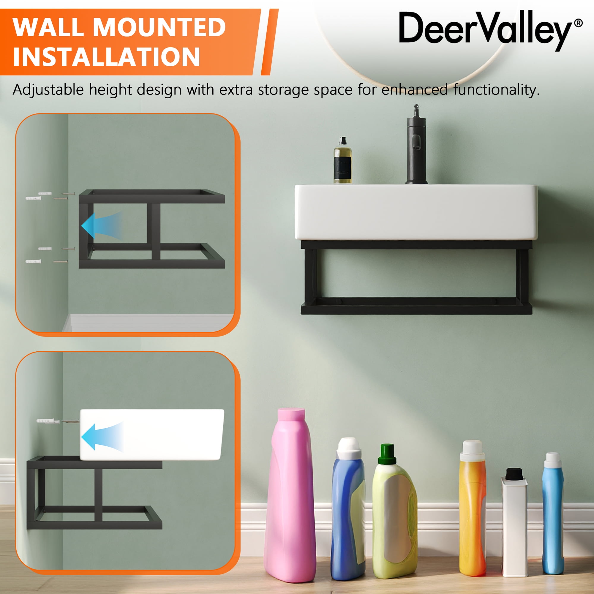 Deervalley 22"X14" White Wall Mounted Bathroom Sink With Black Towel Bar, Rectangular Bathroom Sink With Overflow DV-1WS0322B
