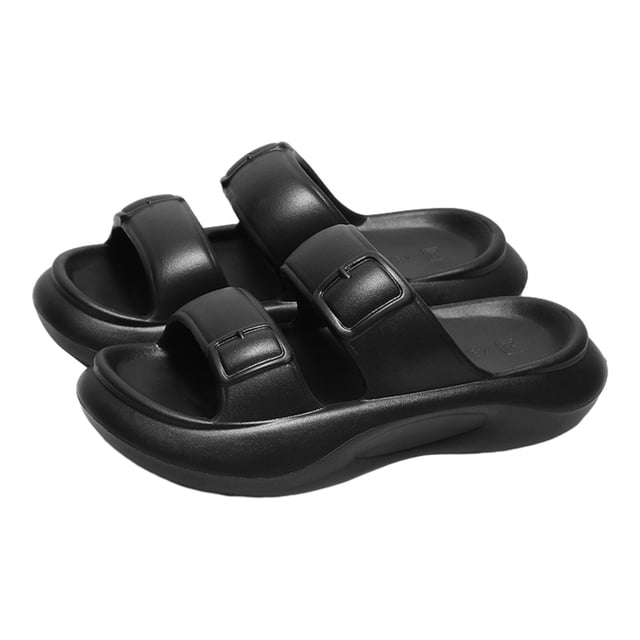 Womens Casual Slippers Large Size Solid Color Simplicity Double Strap Open Toe Platform Thick Bottom Quick Drying Lightweight Non-Slip Bathroom Shower EVA Slippers Black-01