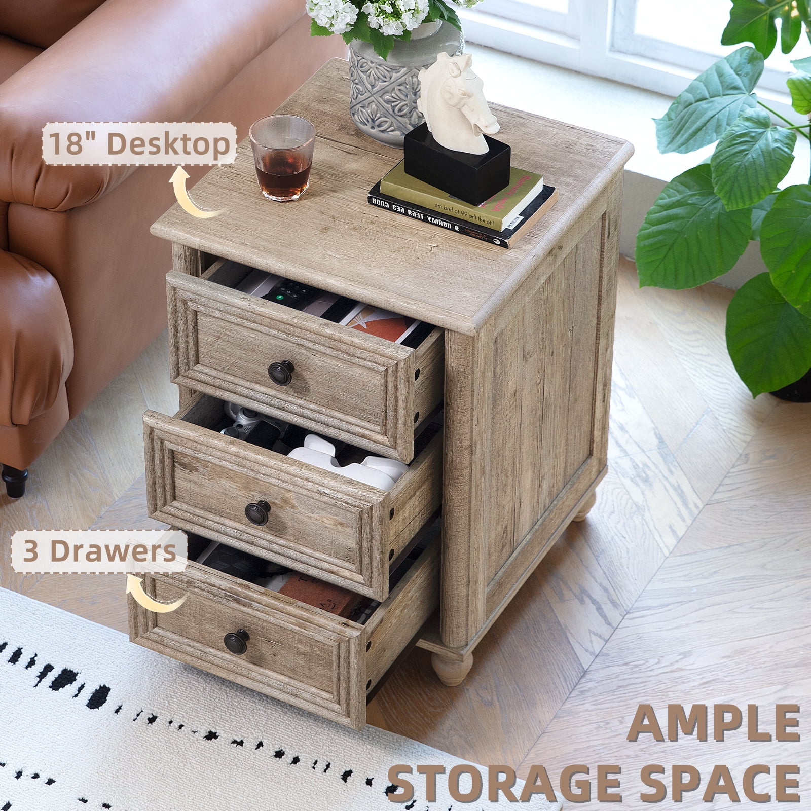 Nightstands Set of 2 with 3 Drawers, Farmhouse Nightstands with Charging Station End Table Beside Table for Bedroom Enrtyway Living Room, Grey Oak